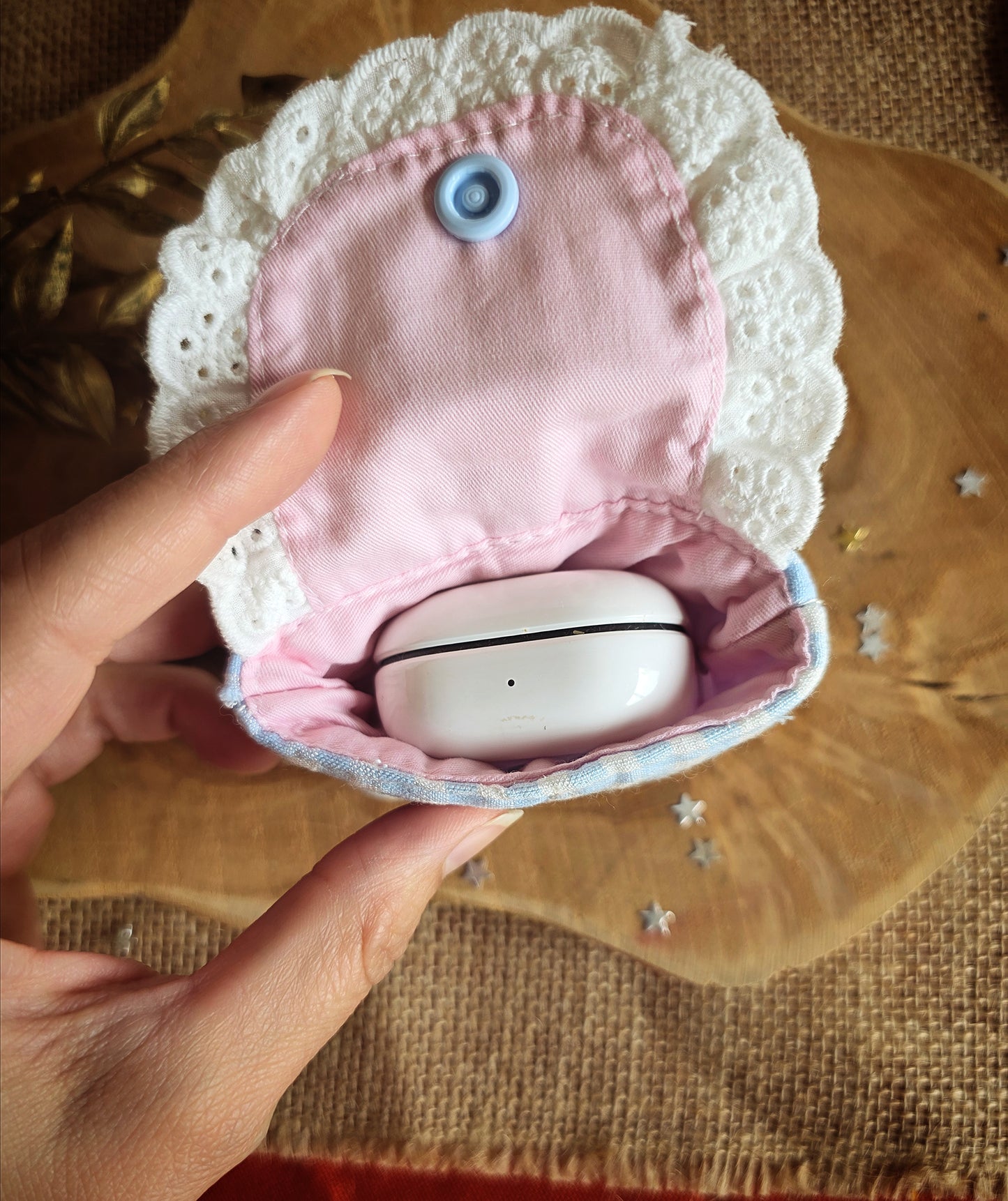 Étui cosy pour écouteurs (ou autres!) Vichy bleu