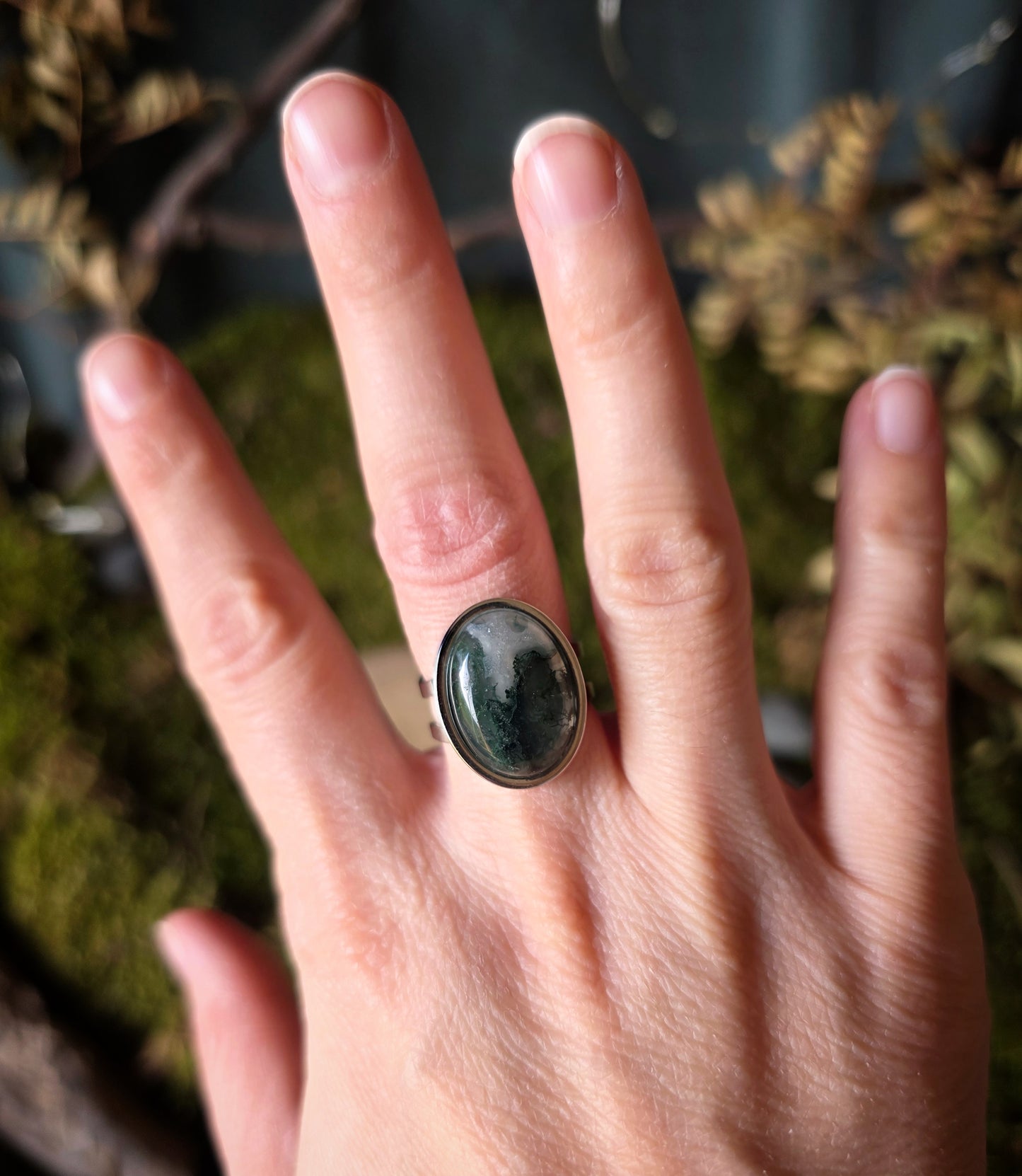 Bague ovale ajustable Agate mousse