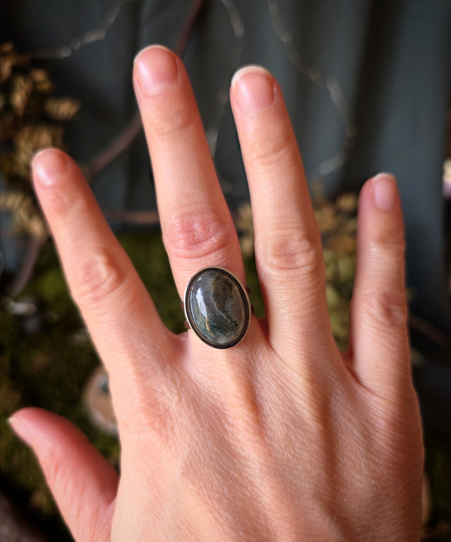 Bague ovale ajustable Agate mousse