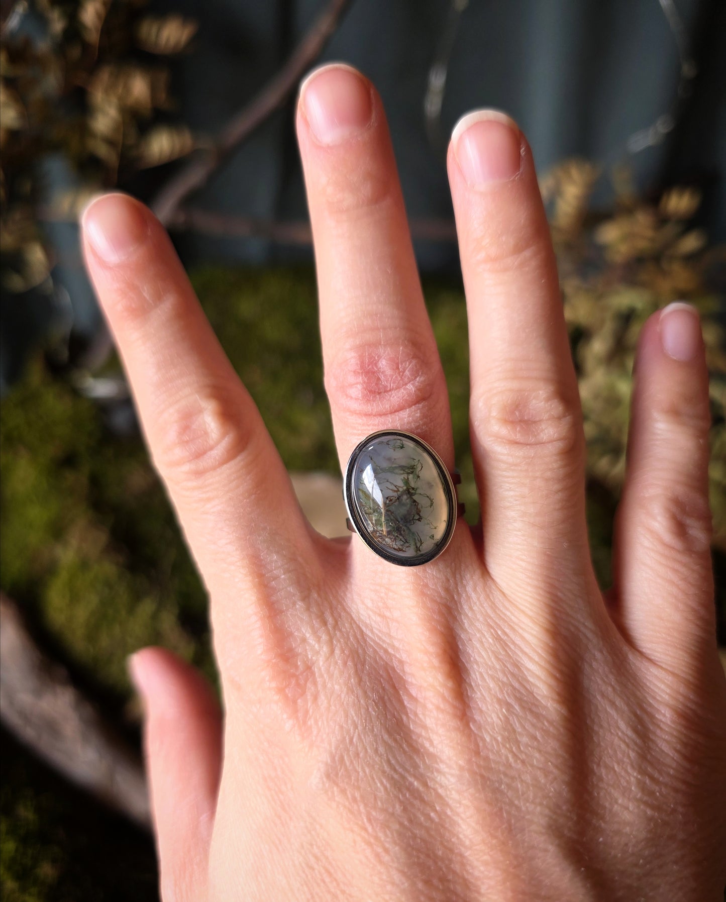 Bague ovale ajustable Agate mousse