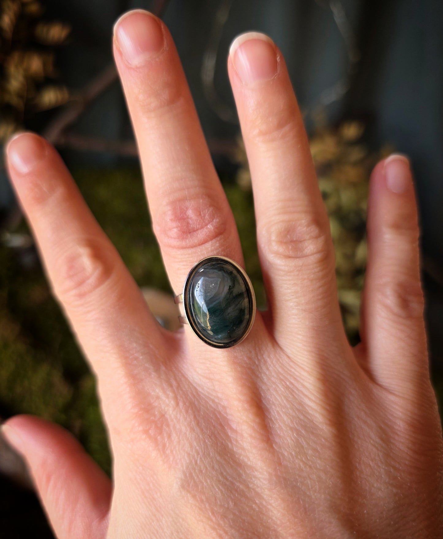 Bague ovale ajustable Agate mousse