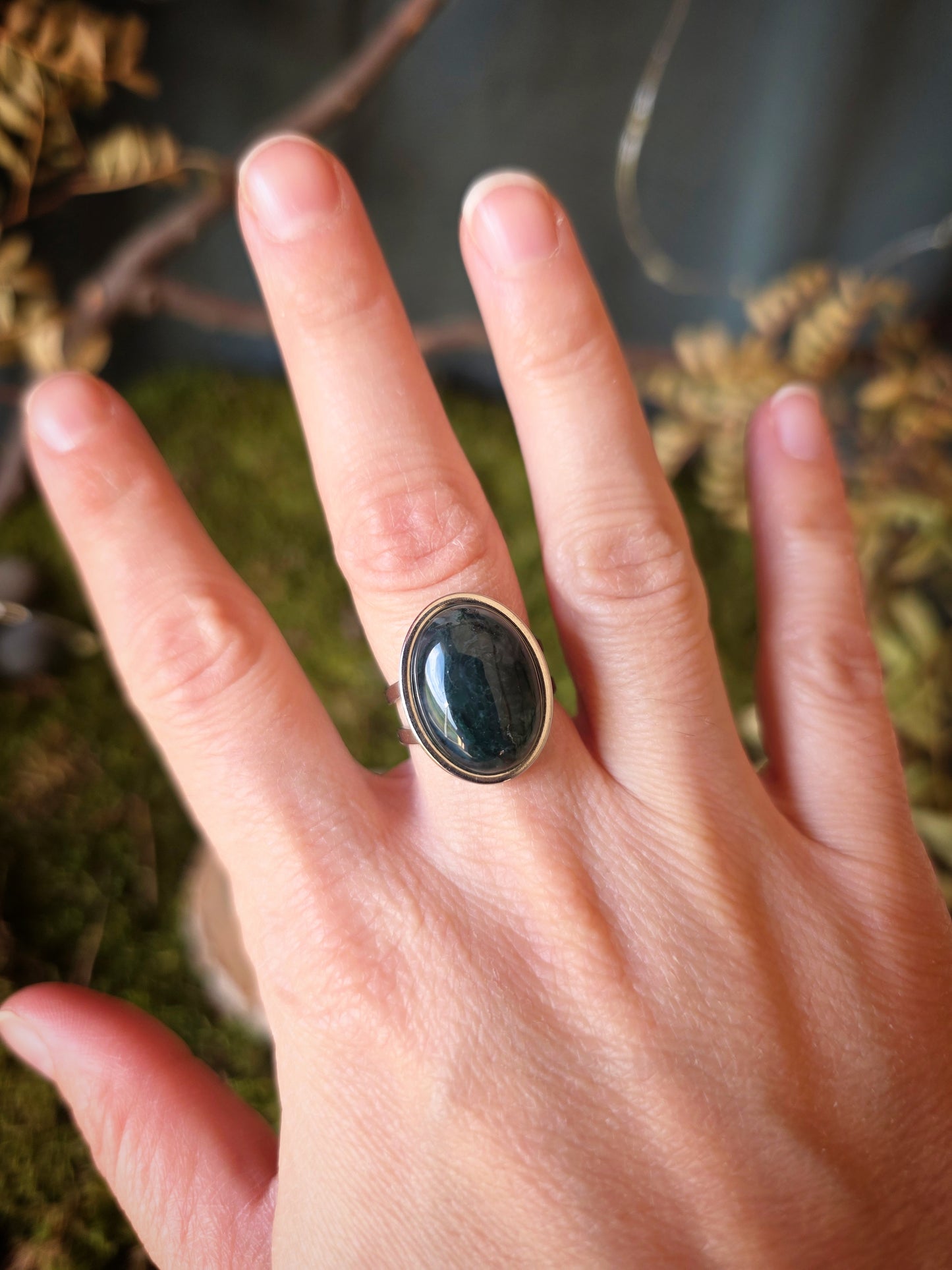 Bague ovale ajustable Agate mousse