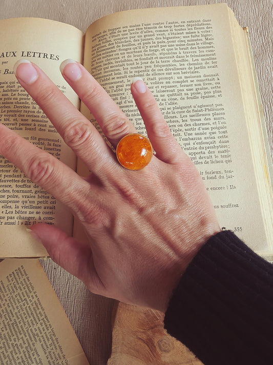 Bague grande ronde Plumeaux orange plaqué or
