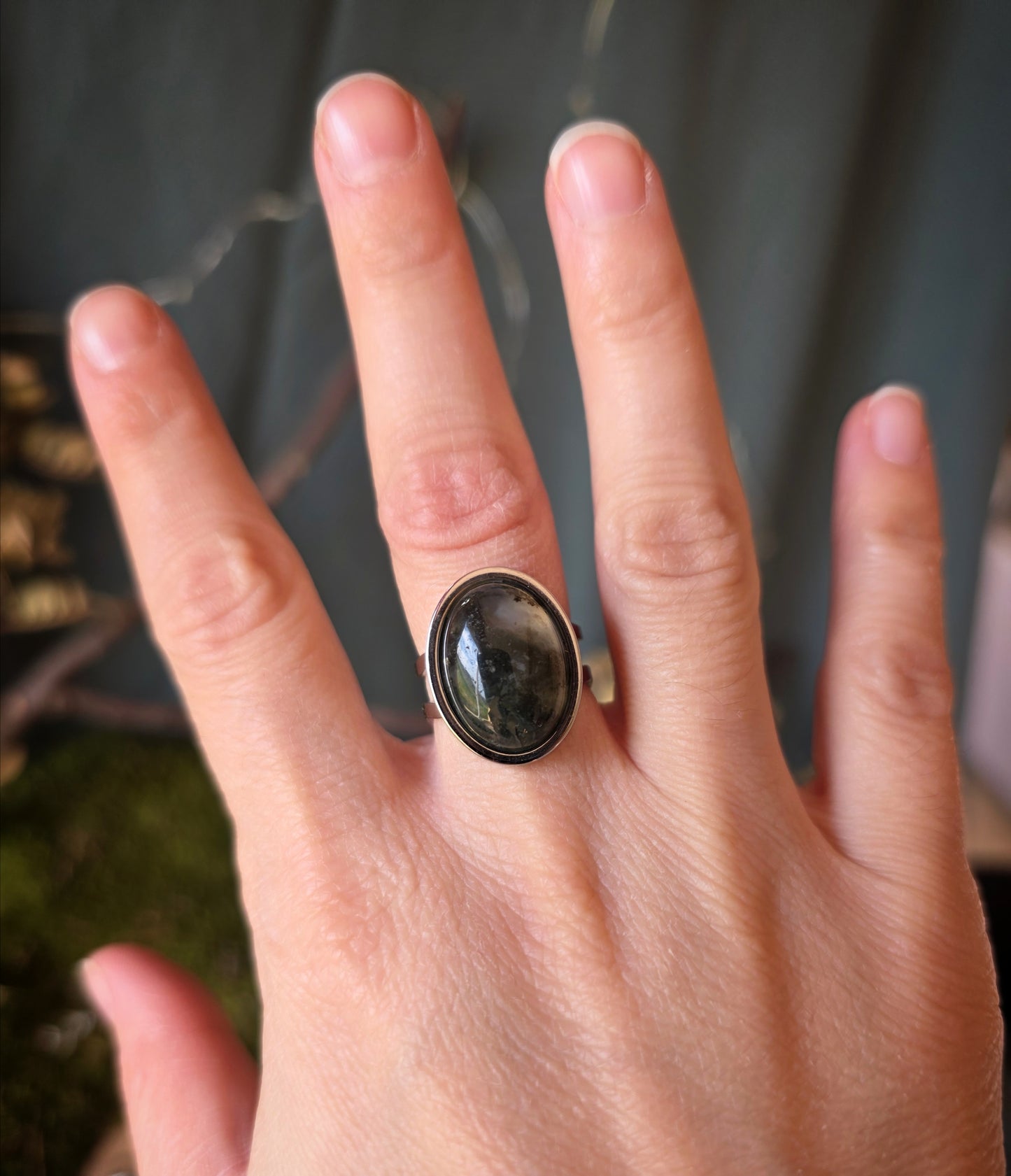 Bague ovale ajustable Agate mousse